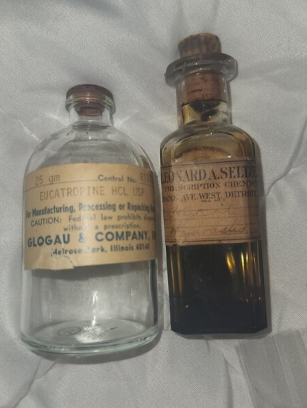 Antique 1920s Apothecary Glass Set Detroit Leonard Seltzer Pharmacy Bottle vtg